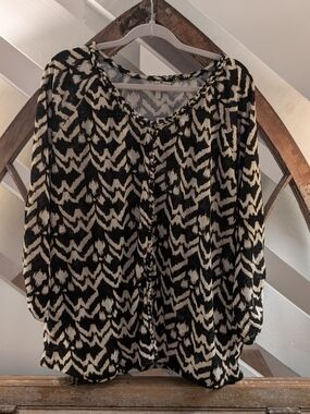 Cato Black and Cream Patterned Peasant Blouse
